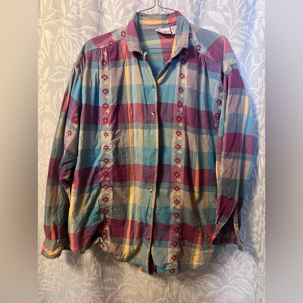VINTAGE Plaid Button-Front women’s  Shirt in Teal, Burgundy & Yellow
